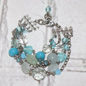 Pretty silver, blue and green glass bracelet - Adjustable 7.5-8.5"